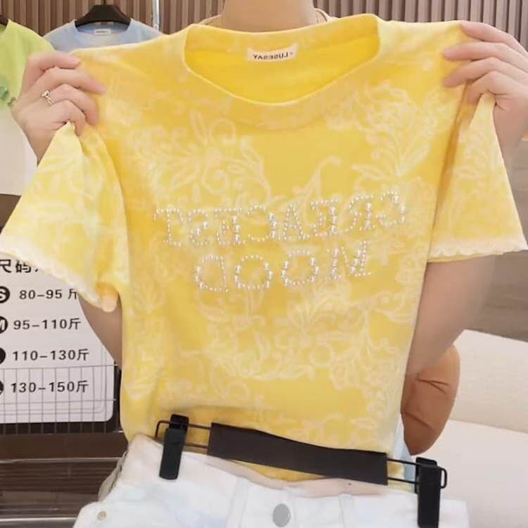 2026 new summer women's beautiful little tops yellow letter printed round neck cotton short-sleeved t-shirt cotton short-sleeved