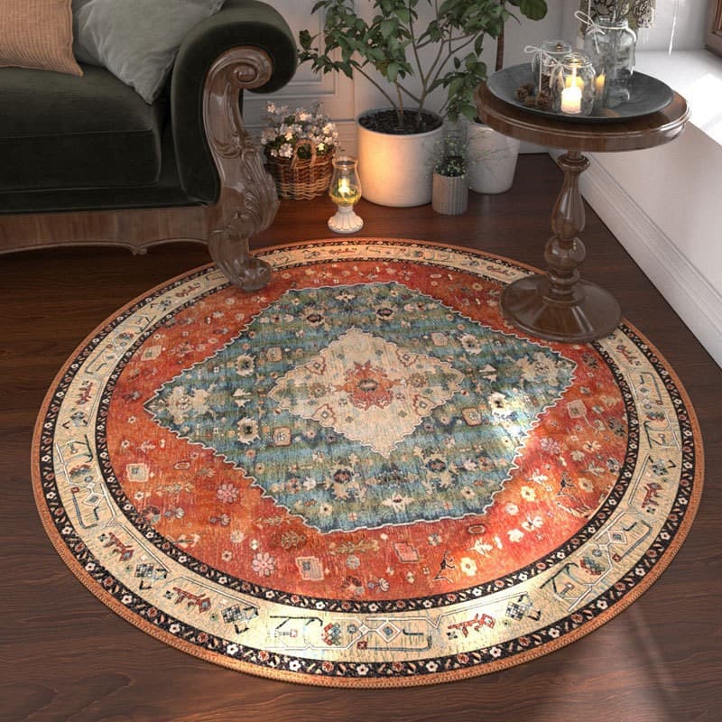 Carpet for Living Room Decoration, Cross-Border Persian Retro Non-Slip Round Carpet, Stain-Resistant and Easy to Care For, Crystal Velvet Carpet