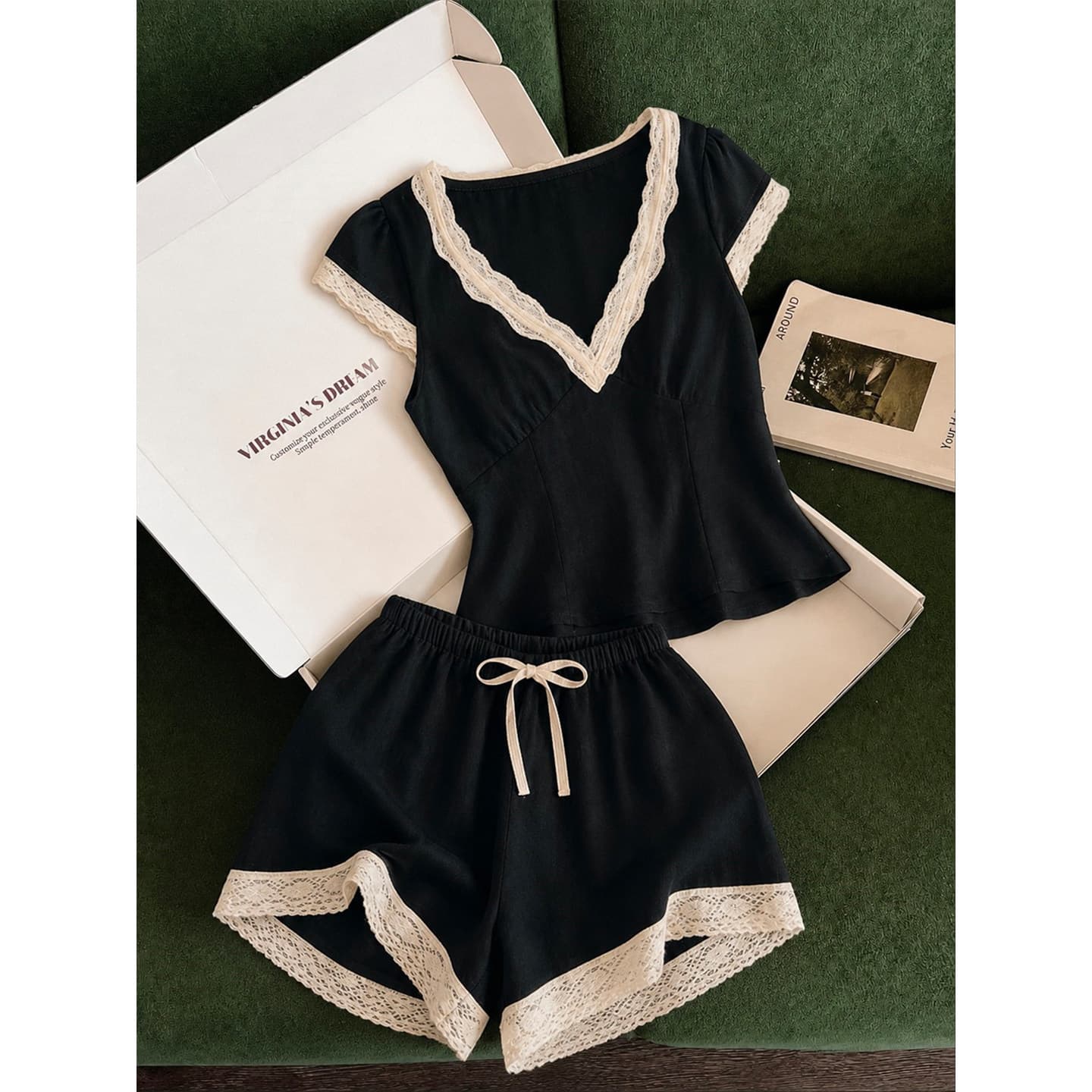 French black lace pajamas for women 2026 summer new short-sleeved shorts waist slimming home wear set