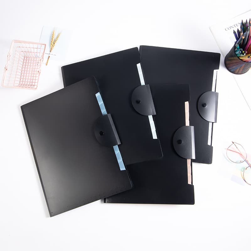 Black Round Button Accordion File Organizer A4 Document Storage Folder 12 Pockets 8 Pockets Waterproof PP Test Paper Multi-layer Accordion Folder