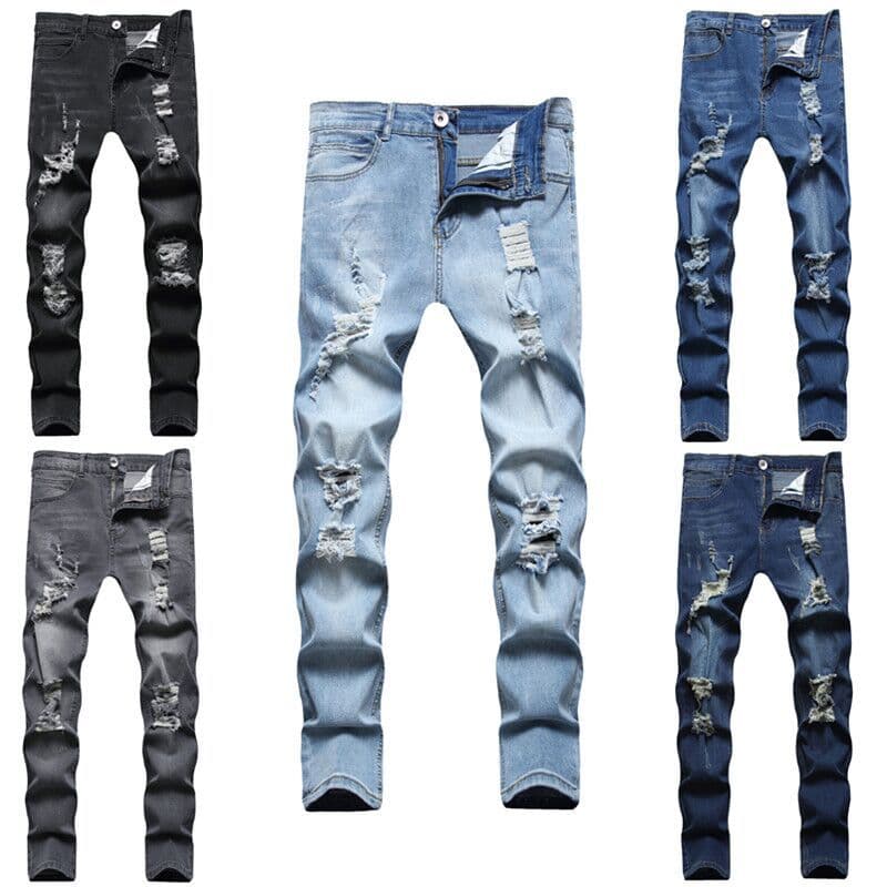 2021 Foreign Trade European and American New Style Men's Ripped Distressed Slim-fit Denim Long Pants, Fashion Vintage Casual Slim-fit Trousers for Men