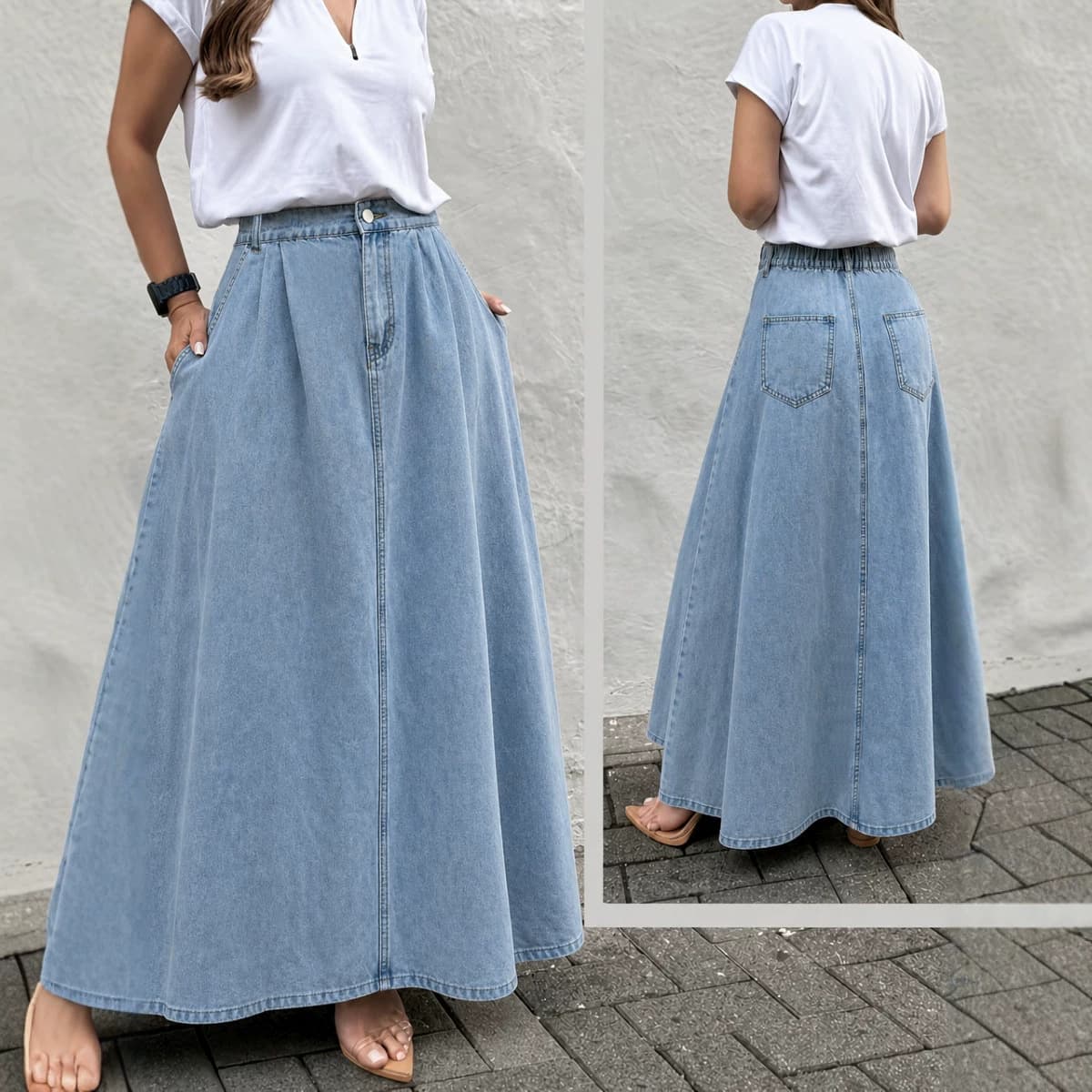 Light Blue Denim Skirt for Women, Fall High-Waist Slimming A-Line Midi Skirt, Casual Versatile Long Skirt for Cross-Border