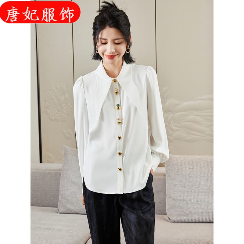 New Spring/Autumn Long-Sleeve Gold Heart Button Heavy French Shirt Versatile Loose Fit Women's Blouse