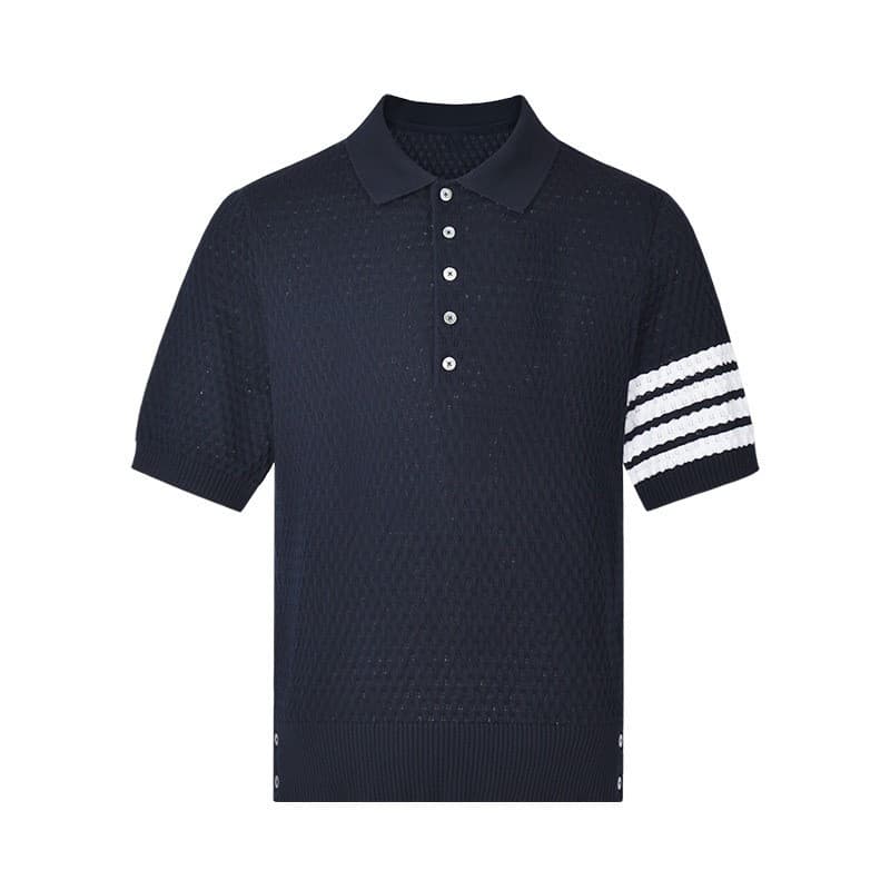 Men's Fashionable Hollow Out Knitted Polo Shirt Breathable Pure Cotton Short Sleeve Turn-Down Collar T-Shirt Summer Trend