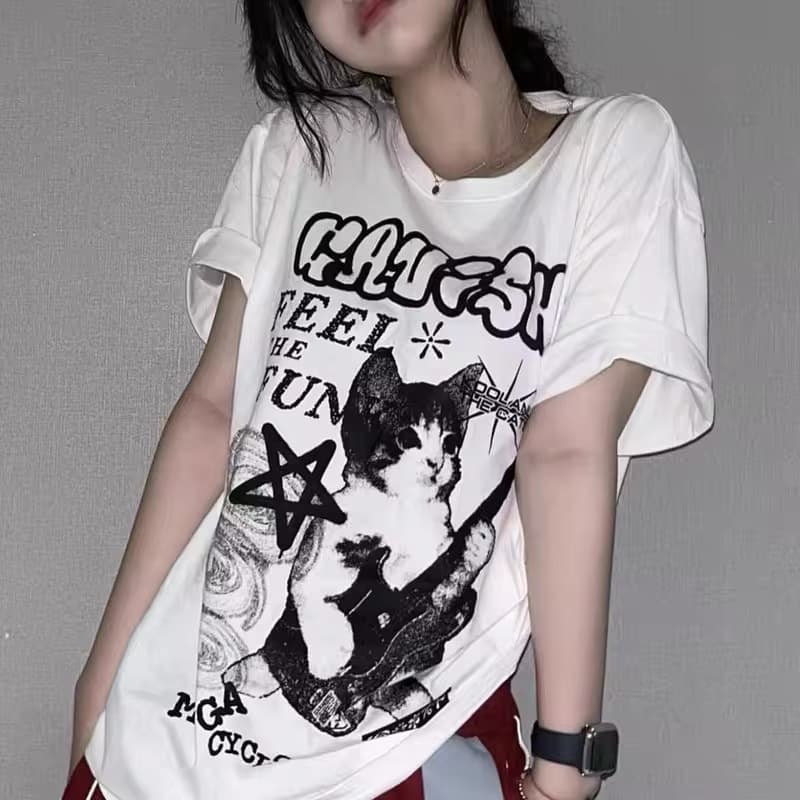 American Cat Rock Guitar Graphic Short Sleeve T-Shirt Loose Korean Fashion Number Women Summer Clothing Y2k Street Clothing