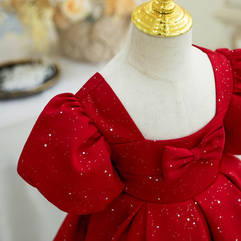 Children's Formal Dress Princess Gown for Toddlers and Little Girls Red Puff Sleeve Piano Performance Birthday Banquet Dress Wholesale
