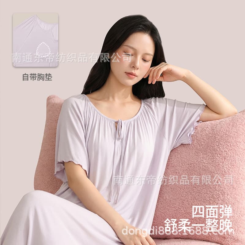 U-Neck Tie Chest Pad Spring and Summer Short-Sleeve Women's Elastic Sleepwear Dress, Thin Style, Can Be Worn Outside in Summer