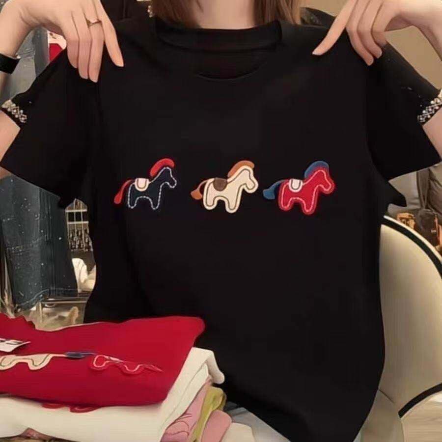 2026 New Cartoon Pony Print Short Sleeve T-Shirt Women Black Round Neck Loose Casual Top