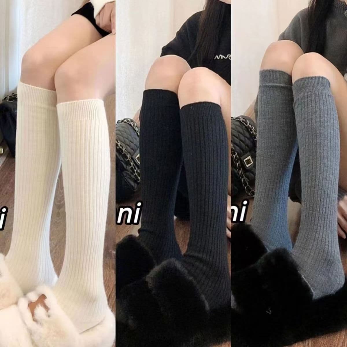 Early Spring Fleece-Lined White Calf Socks Women's Thick Warm White Knee-High Socks Gray Over-the-Knee Socks Wool Mid-Calf Socks