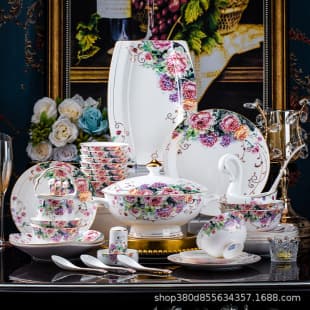Dinnerware Set - Jingdezhen Bone China Gold Rim Chinese Style Ceramic Tableware Set, Bowls Plates Chopsticks Gift Wholesale