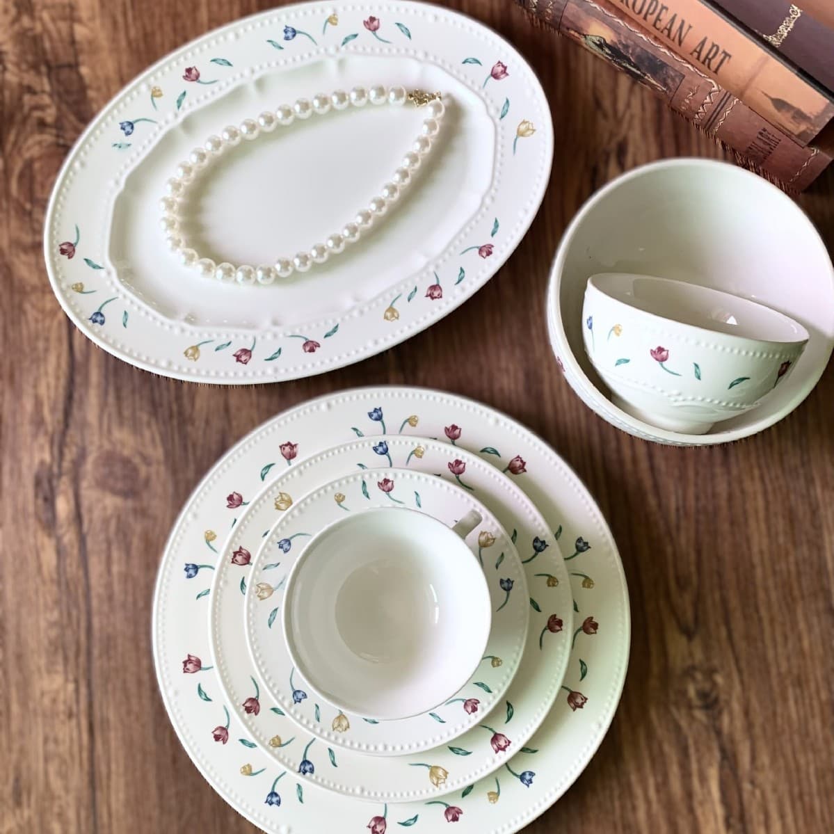 French Vintage Beaded Tulip Flower Plate Bowl Set Western Dinner Plate Dessert Plate Breakfast Plate Bowl Floral Tray