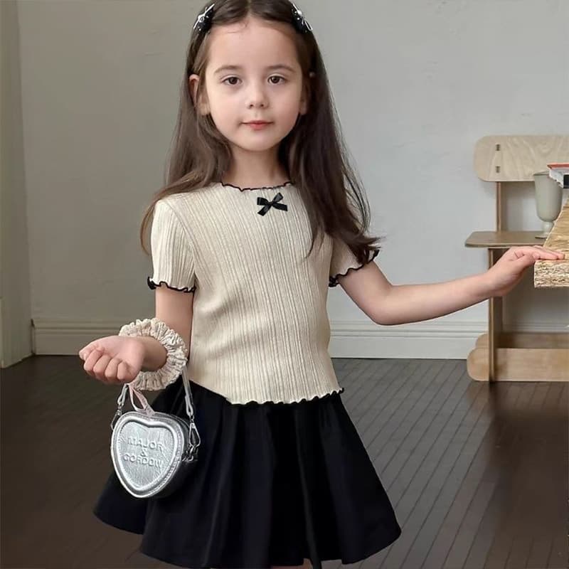 Girls' Korean style short-sleeved top with ruffled trim, stylish ice silk, cool and versatile with bow.