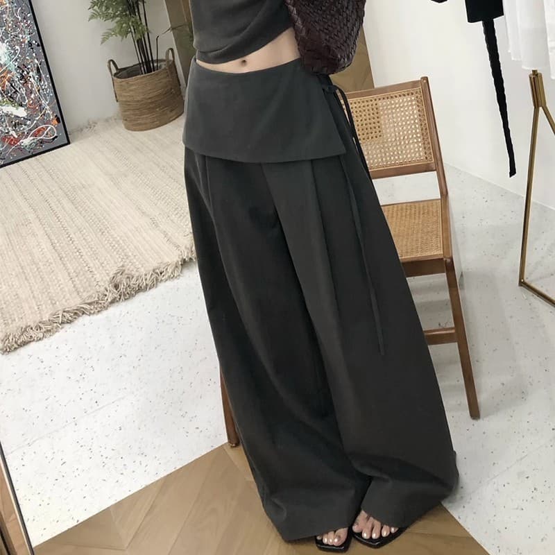 Korean-Style Faux Two-Piece Casual Flared Hem Pants for Women 2026 New Spring/Summer High-Waist Slimming Flowy Straight-Leg Pants