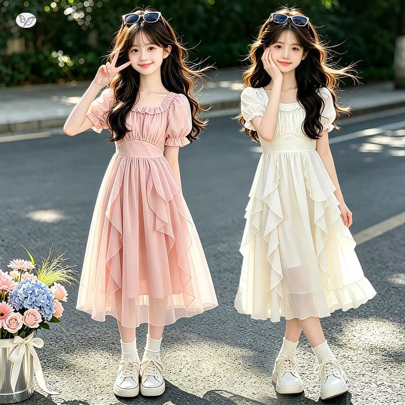 Girls puff sleeve chiffon princess dress 2026 summer new style medium and large children's lace dress French style long skirt