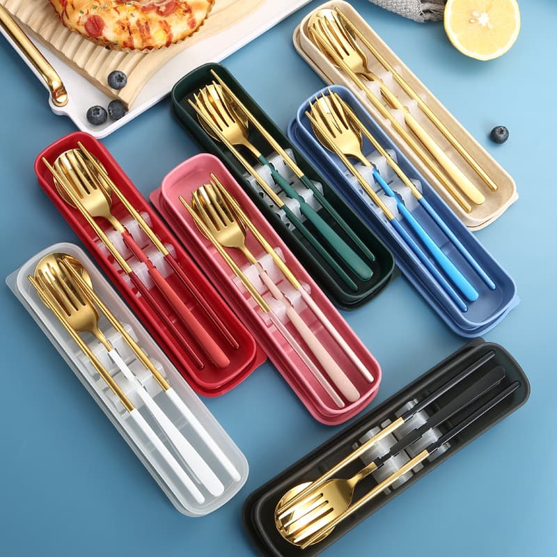 Cross-border Korean-style Stainless Steel Portable Cutlery 3-Piece Set Outdoor Dining Gift Spoon Chopsticks Fork Storage Set