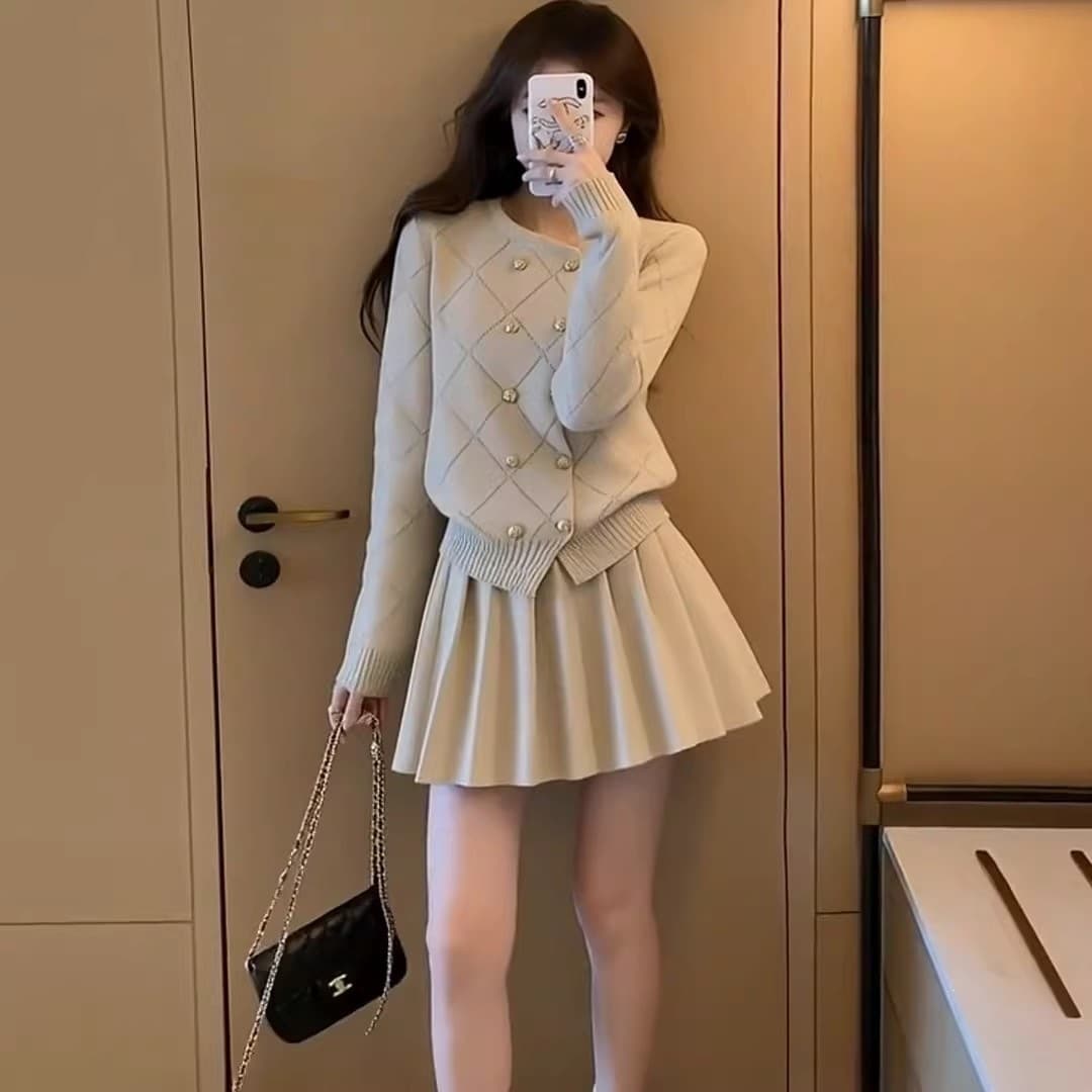 Khaki Knit Set Women New Autumn Outfit One-Piece Top and Skirt Two-Piece Set