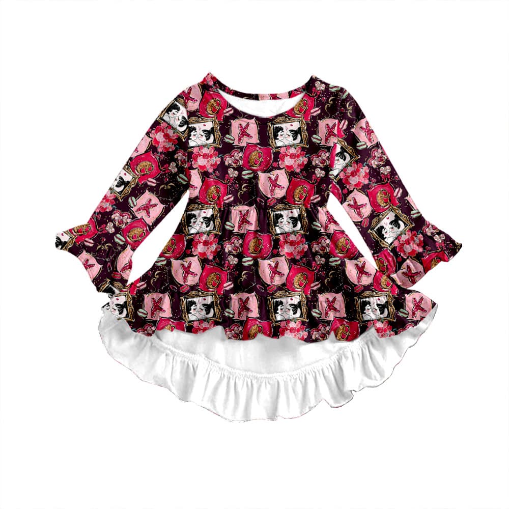 Cross-border wholesale custom girls' autumn print dress with lace long sleeves + front short back long hemline