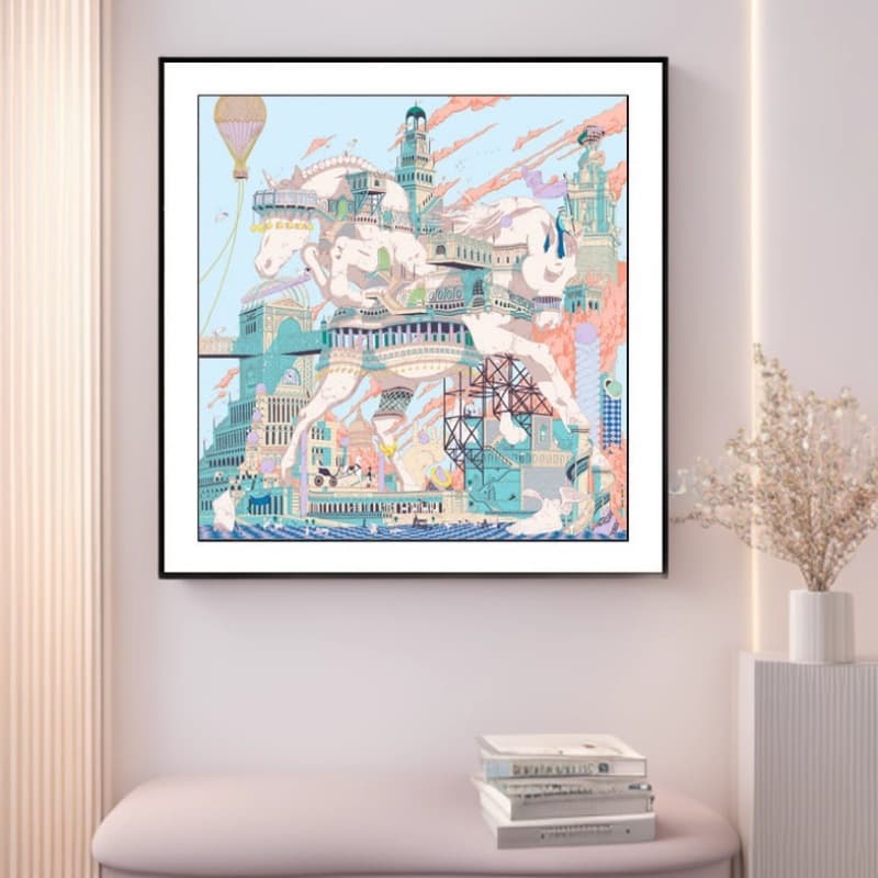 Horse to Success New York Battery Park Silk Scarf Decorative Painting Modern Simple Living Room Background Wall Flying Horse City Hanging Painting
