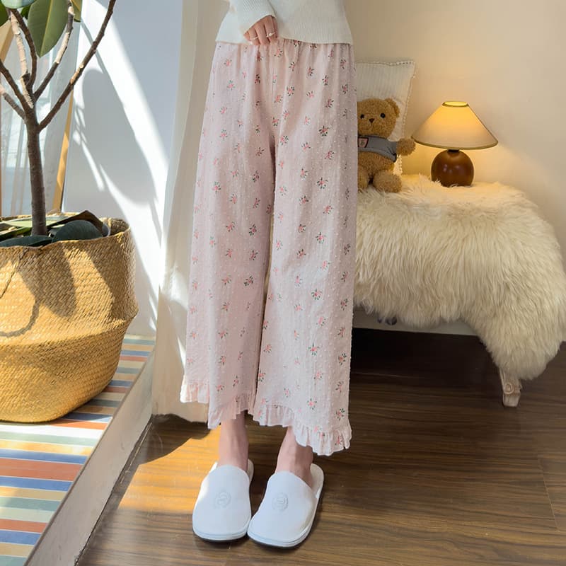 Spring and Autumn Cotton Thin Floral Capri Pajama Pants, Loose Air Conditioning Pants, Women's Home Pants, Sweet and Lazy Style