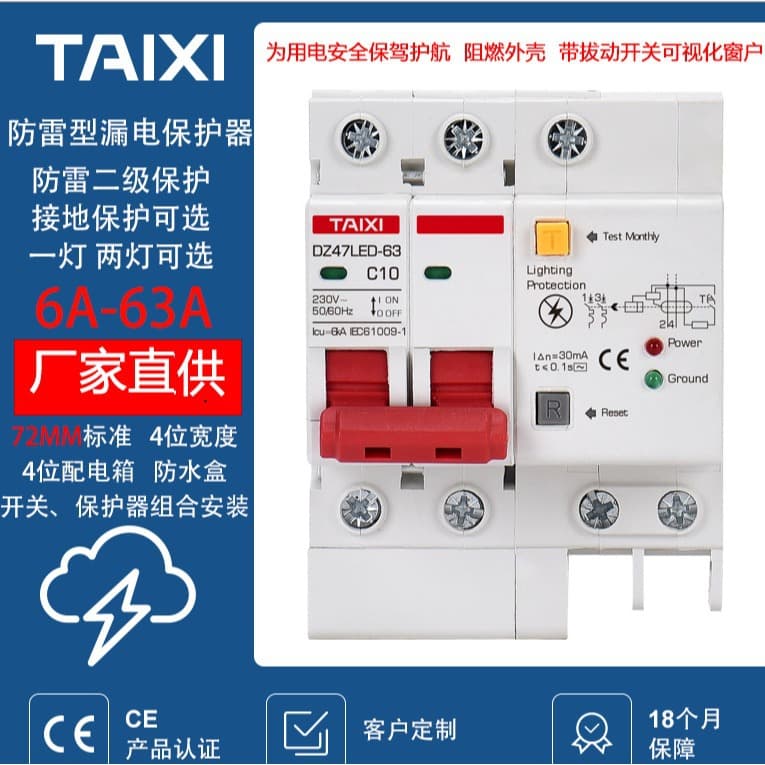 Taixi 110V Lightning Protection Type Leakage Protector DZ47LED with Two Lights Grounding Air Switch Household Circuit Breaker