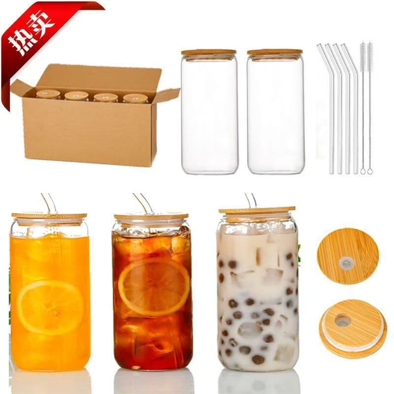 Amazon Cross-border Cola Cup Borosilicate Bamboo Lid Glass Beverage Juice Cup with Straw High Temperature High Aesthetics Transparent