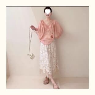 Korean Summer Outfit Set Women Soft Pink Loose Top with Lace Skirt Two-Piece