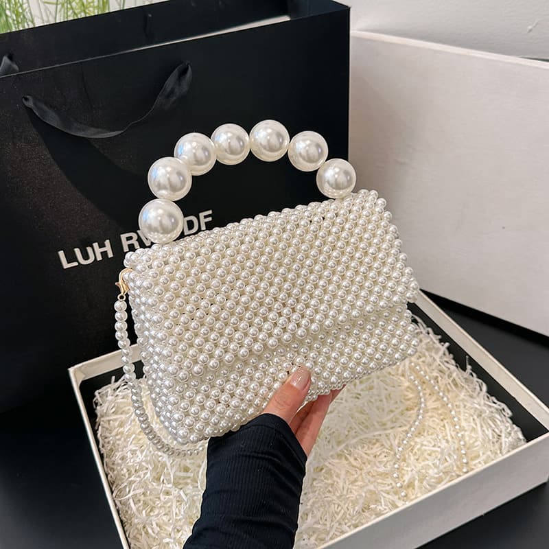 Fashionable Hollow Out Beaded Weaving Evening Bag Women's Crossbody Shoulder Bag Hip Hop Style Square Shape Single Strap