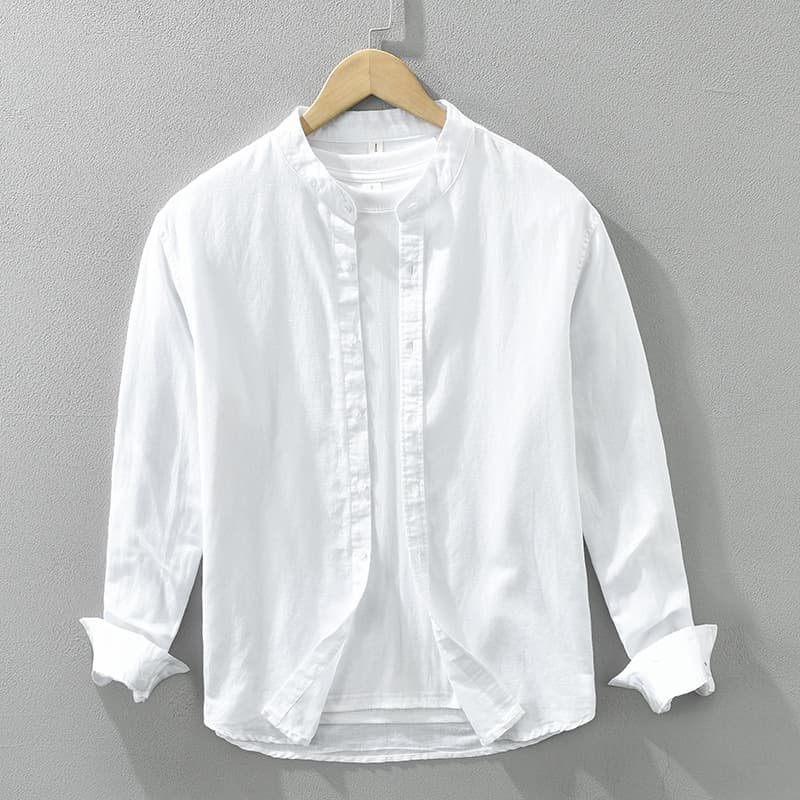 6003 Japanese Long-Sleeve Round Neck Linen Shirt Men's Plus Size Cotton Linen Stand Collar White Shirt One-Piece Delivery