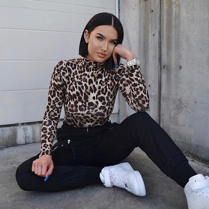 American Retro Pure Sexy Leopard Print Triangle Bodysuit for Women, Ins Style Long Sleeve Half High Neck Slim Fit Bodysuit T-Shirt