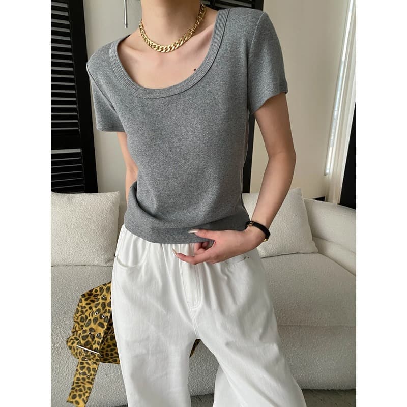 Sinnan Casual Style Breathable Tencel Cotton Blend Simple U-Neck Slim Fit Short Sleeve T-Shirt Sn8866