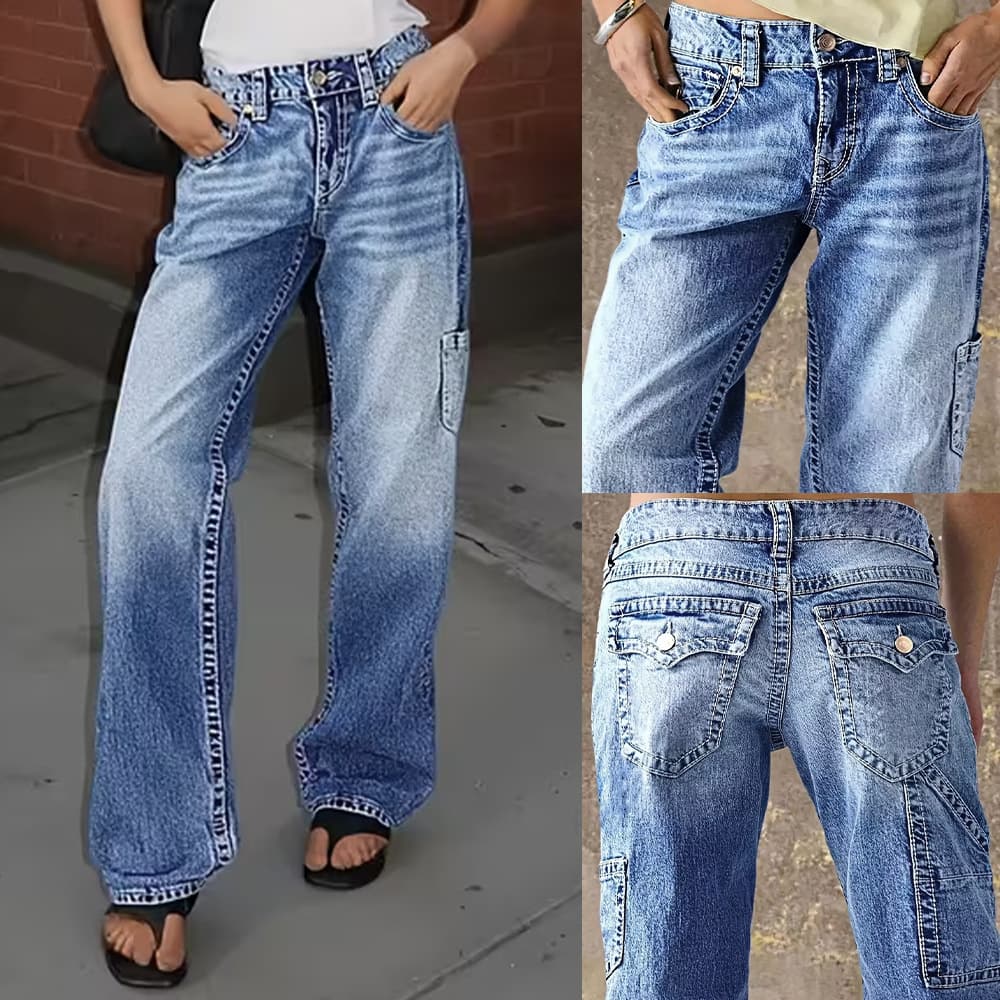 Cross Border Washed Cargo Wide Leg Jeans Women 2026 Summer New Retro Multi Pocket Loose Straight Leg Floor Length Pants