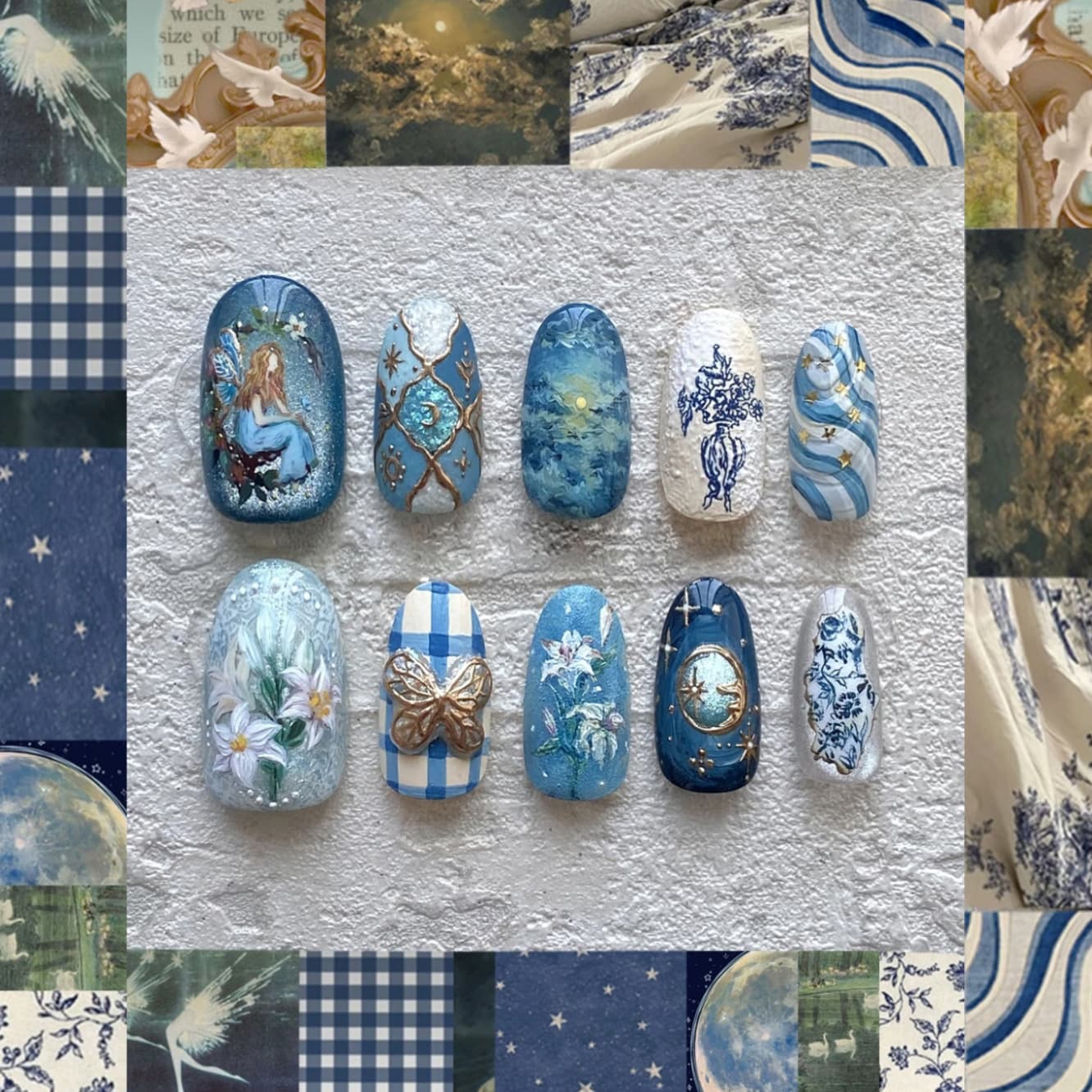 WM-351 Midsummer Dream Blue Almond False Nails Gentle Elegant Floral Mysterious 24 Pieces Wearable Nails Wholesale