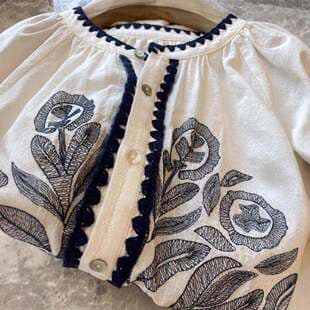 Channel Goods!! Recommended**, Very Intricate Work~ Custom High-count Cotton Embroidery Ethnic Style Lantern Sleeve Blouse for Women