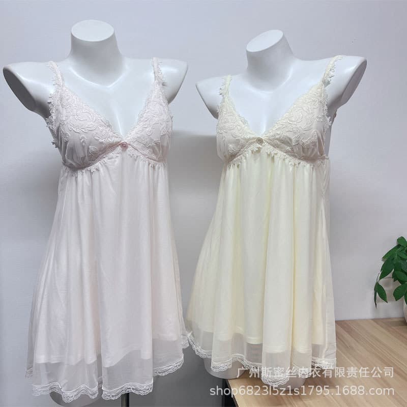 French Style Nightgown for Women Summer 2026 New Modal Mesh Sweet Nightgown with Breast Pads Pajamas Girly Home Wear