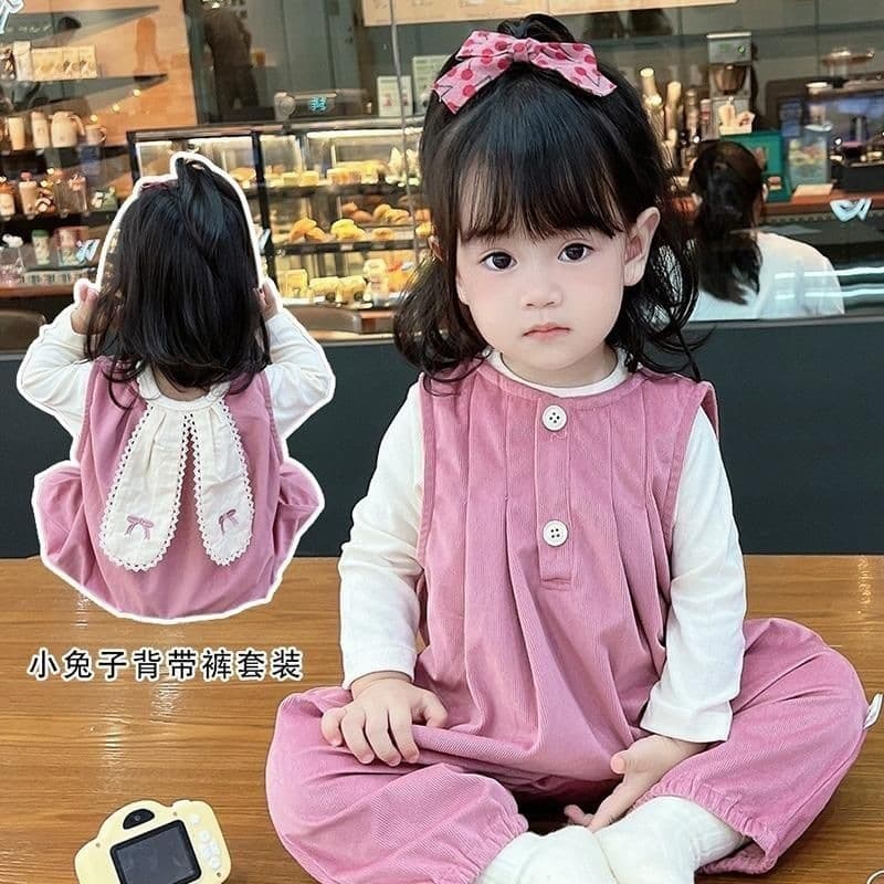 Newborn baby clothes, spring and autumn clothing, rabbit suspenders two-piece set, outing clothing, one-year-old female baby spring suit
