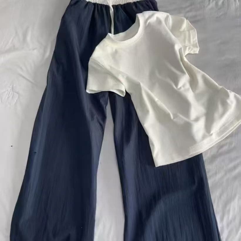 Korean casual style suit for women, white front shoulder short-sleeved T-shirt for women + navy blue contrast stitching wide-leg pants two-piece set