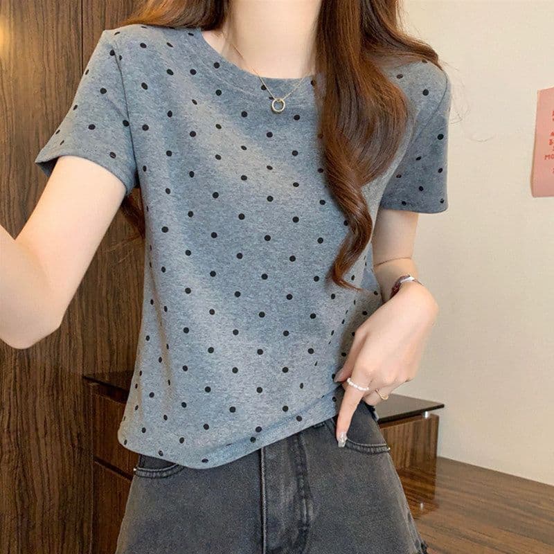 Polka Dot Regular Shoulder T-Shirt 2026 Korean Loose Round Neck Slimming Versatile Short Sleeve Top Korean Style Casual Top