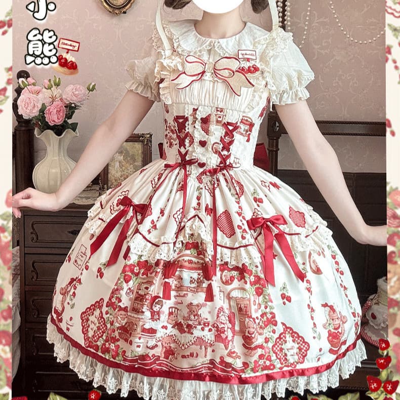 [Strawberry Bear] Zhijinyuan Lolita Original Strawberry Print Sweet Lolita Dress
