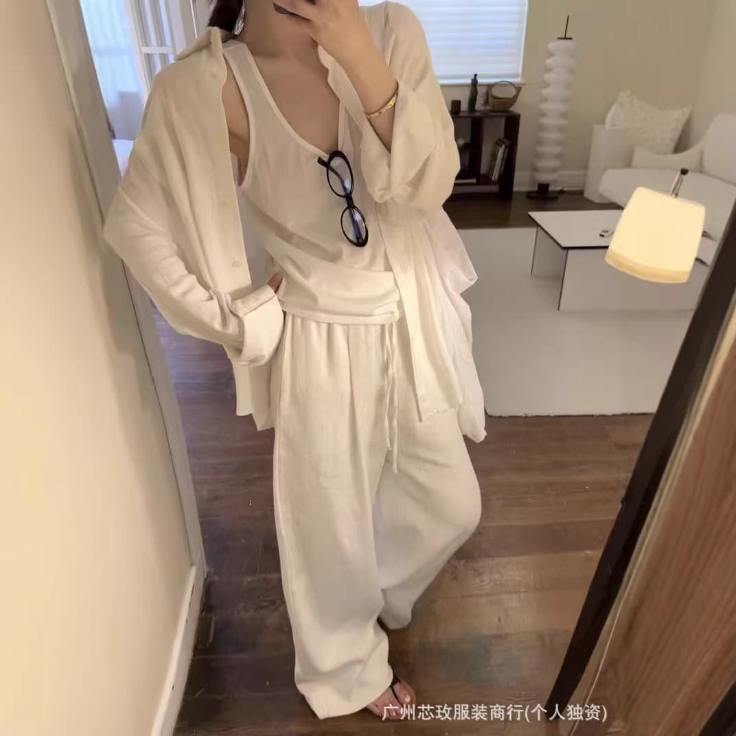 RL Original 2026 New Korean Embroidery Small Logo White Water Three-Piece Set: Shirt Top + Vest + Wide-Leg Pants
