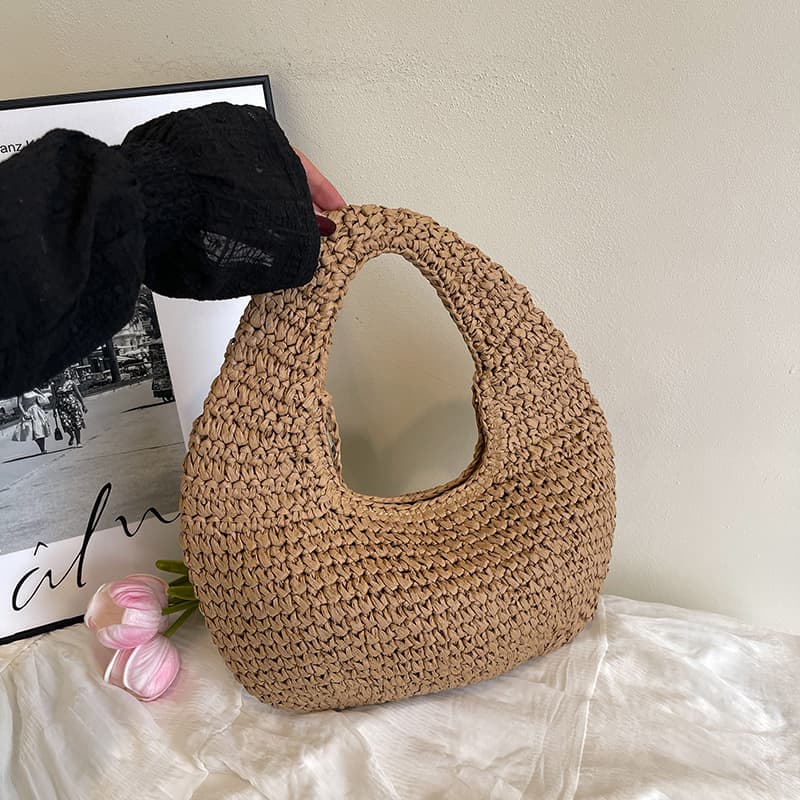 Casual Woven Bag 2025 New Style Beach Vacation Straw Bag Sand Bag Solid Color Crescent Handbag Wholesale