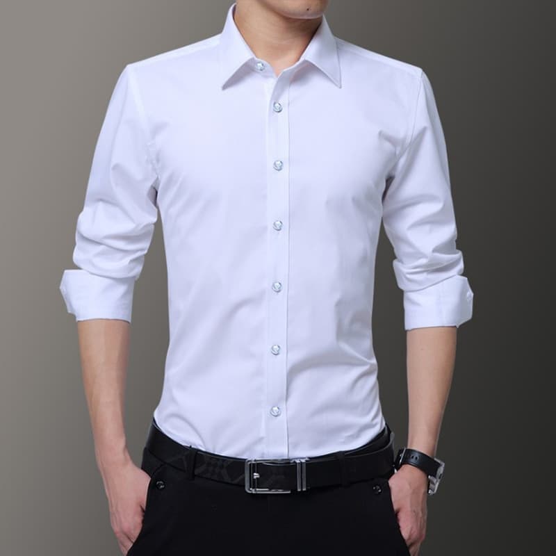 Long Sleeve Shirt Men Korean Slim Fit Spring Autumn Fashion Gray Casual Formal Dress Shirt