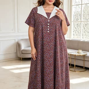 Plus Size Women's Vintage Floral Print Dress Contrast White Large Lapel Short Sleeve Loose Fitting Long Dress