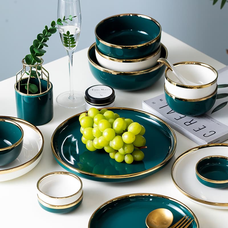 Bowl and dish set 2025 new Jingdezhen ceramic bowls and dishes bowls and chopsticks plate housewarming tableware white porcelain dark green