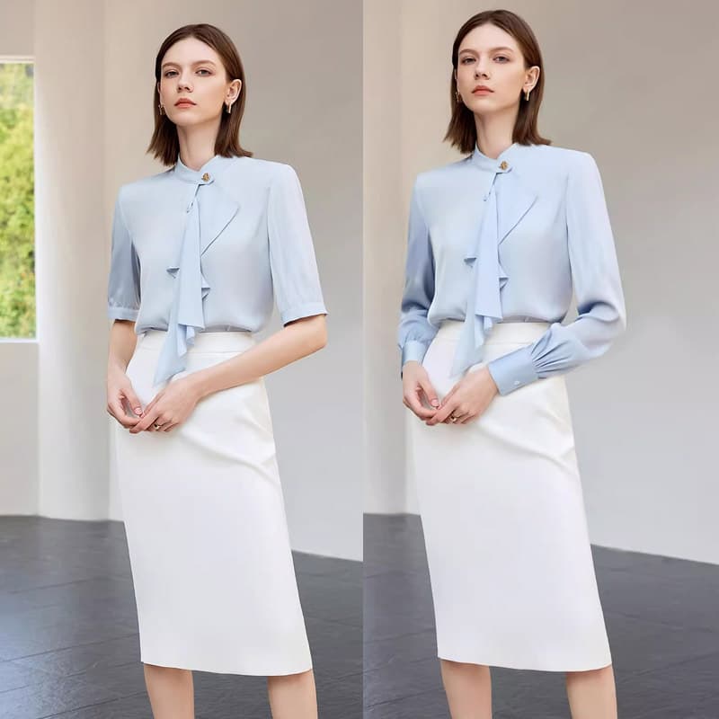 AD Blue Blouse Women Summer Thin Light Mature Style Short Sleeve Formal Office Lady Shirt Set Skirt