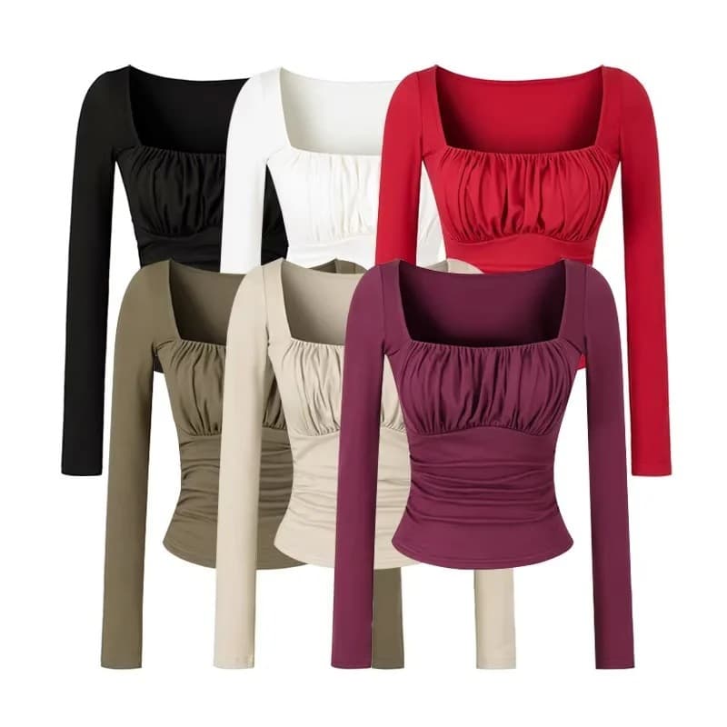 Women's T-Shirt with Chest Pad, Off-Shoulder Square Neck, Long Sleeve, Ruffled, European-American Style, Slim Fit, Black