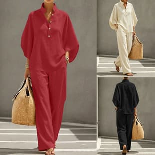 Wish cross-border trade stand collar batwing sleeve linen-cotton two-piece set with half-open placket elastic wide-leg pants commuter women's suit