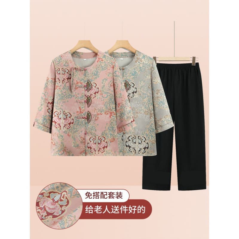 Mom's Summer Outfit Set 2026 New Style for Middle-Aged and Elderly Women, Fashionable Grandma Clothes Two-Piece Set