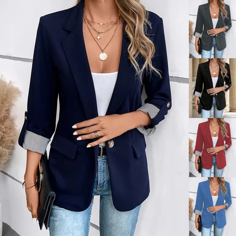 2025 New European and American Fashion Casual Button Blazer Slim Fit Seven-Point Rolled Sleeve Jacket for Women