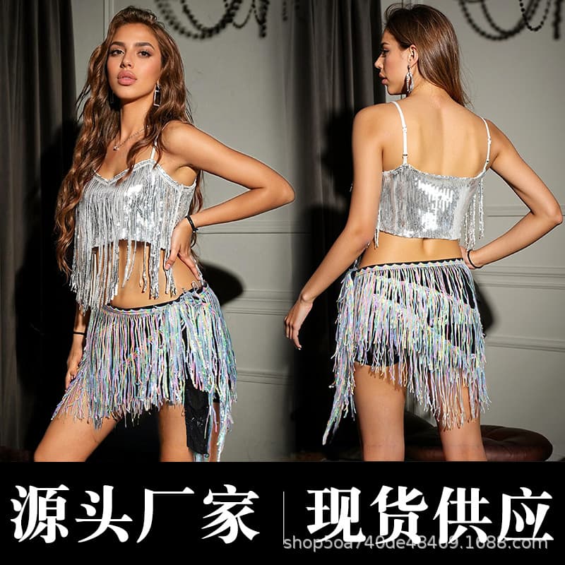 Cross-border Party Costume Belly Dance Set, Indian Dance Hip Scarf, Sequined Fringe Performance Hip Scarf