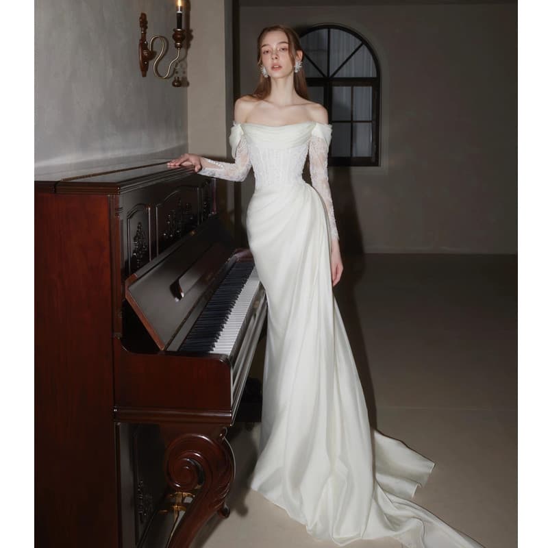 French Off-Shoulder Light Wedding Dress Lace 2026 New White Slimming Small Train Bride Wedding Welcome Small Dress